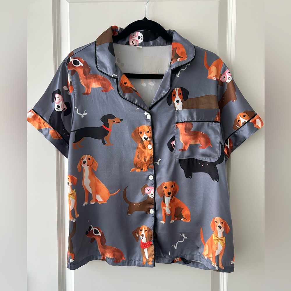 Gray Satin Like Dog Print Pajama Set